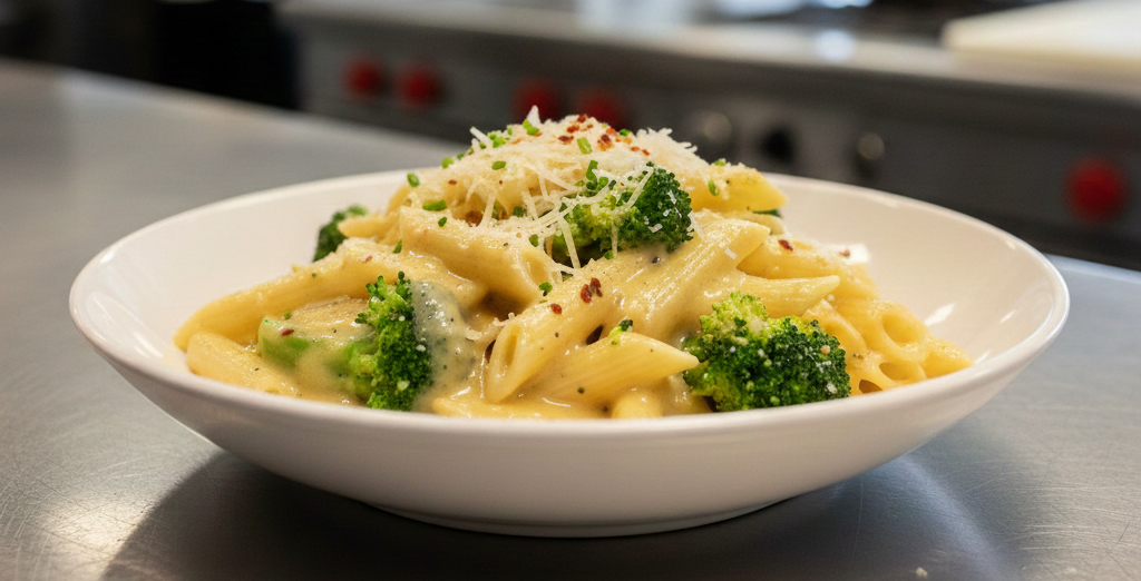 A bowl of penne pasta tossed with bright green broccoli florets in a creamy garlic butter sauce, topped with grated parmesan and red chili flakes on a stainless steel kitchen counter.