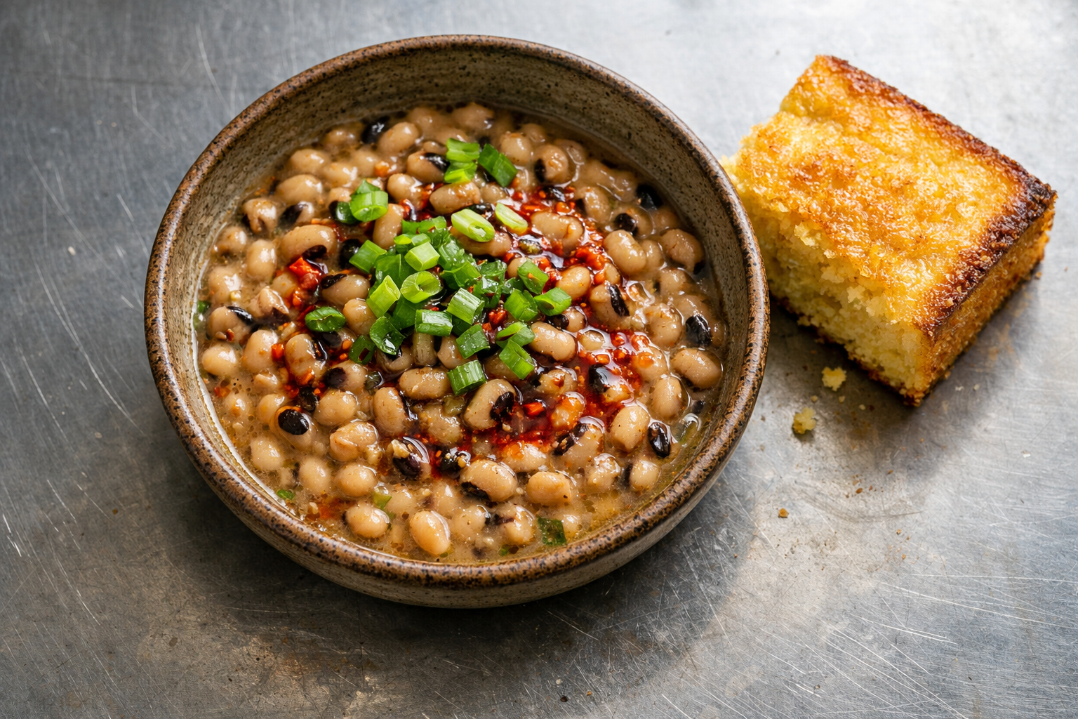 Overhead close-up of creamy black-eyed peas garnished with scallions and chili oil, served with a piece of golden cornbread on a stainless steel countertop