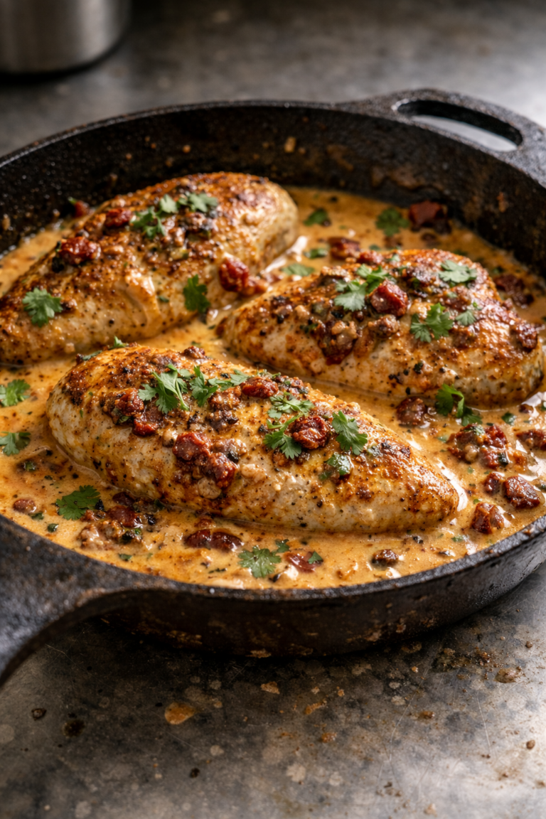 Close-up shot of golden-brown chicken breasts in a creamy orange sauce with sun-dried tomatoes and fresh cilantro, served in a black cast-iron skillet on a stainless steel counter.