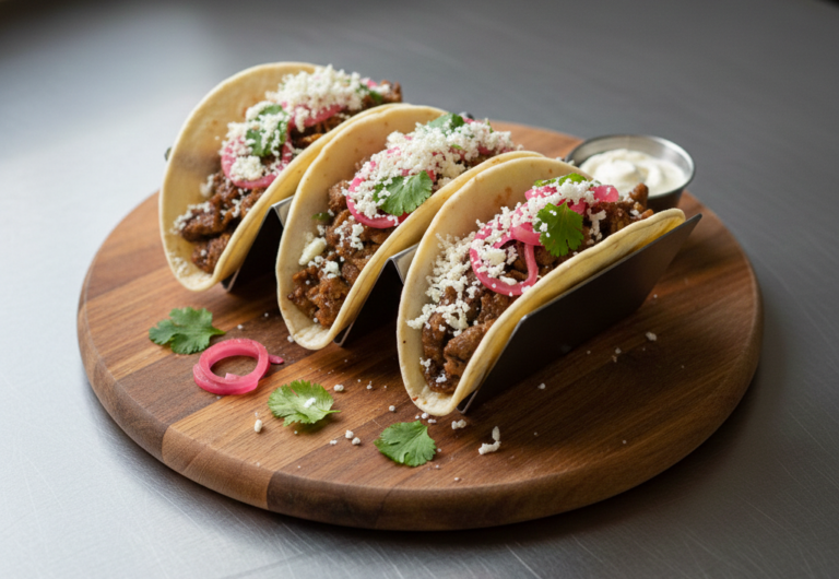 shot of four Korean bulgogi beef tacos in a holder on a wooden plate, topped with pickled red onions and cilantro, served with a side of creme fraiche