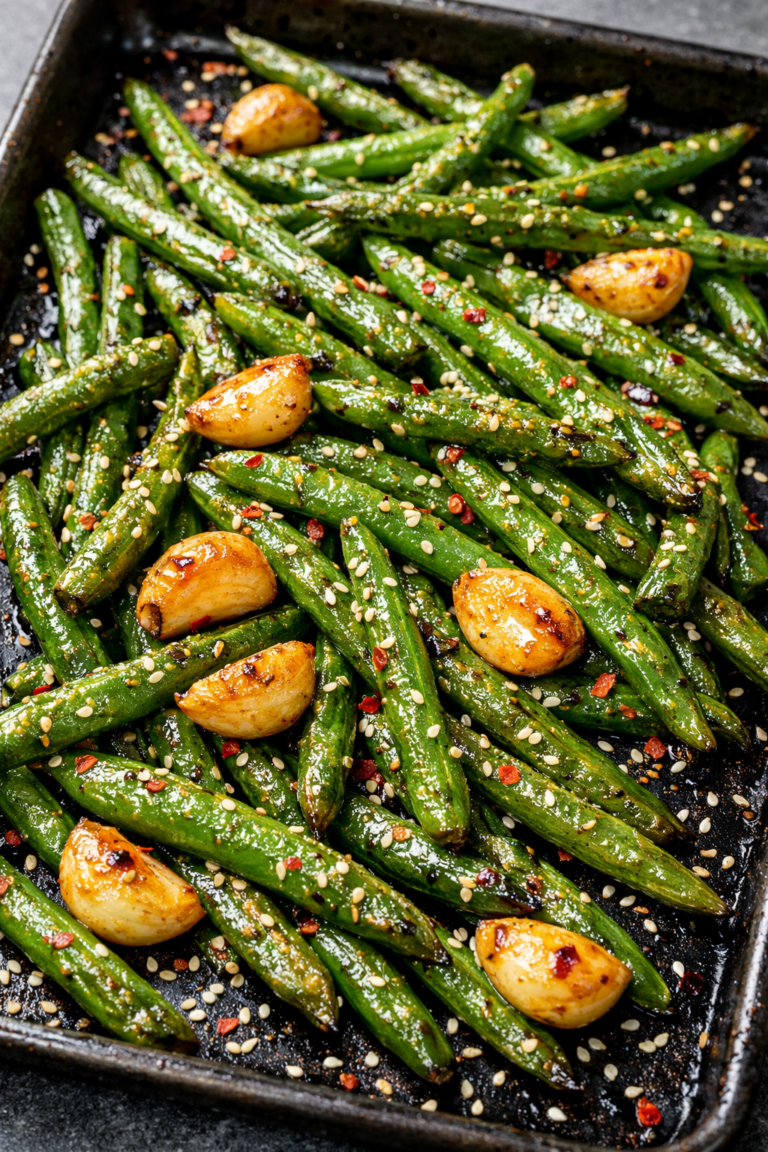 A tray of roasted green beans with golden blistered garlic cloves, sprinkled with red chili flakes and toasted sesame seeds on a dark baking sheet.