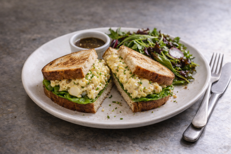 Halved egg salad sandwich on toasted sourdough arranged like falling dominoes on a white plate, with butter lettuce, a small mixed greens salad, and a ramekin of balsamic dressing on a stainless steel countertop.