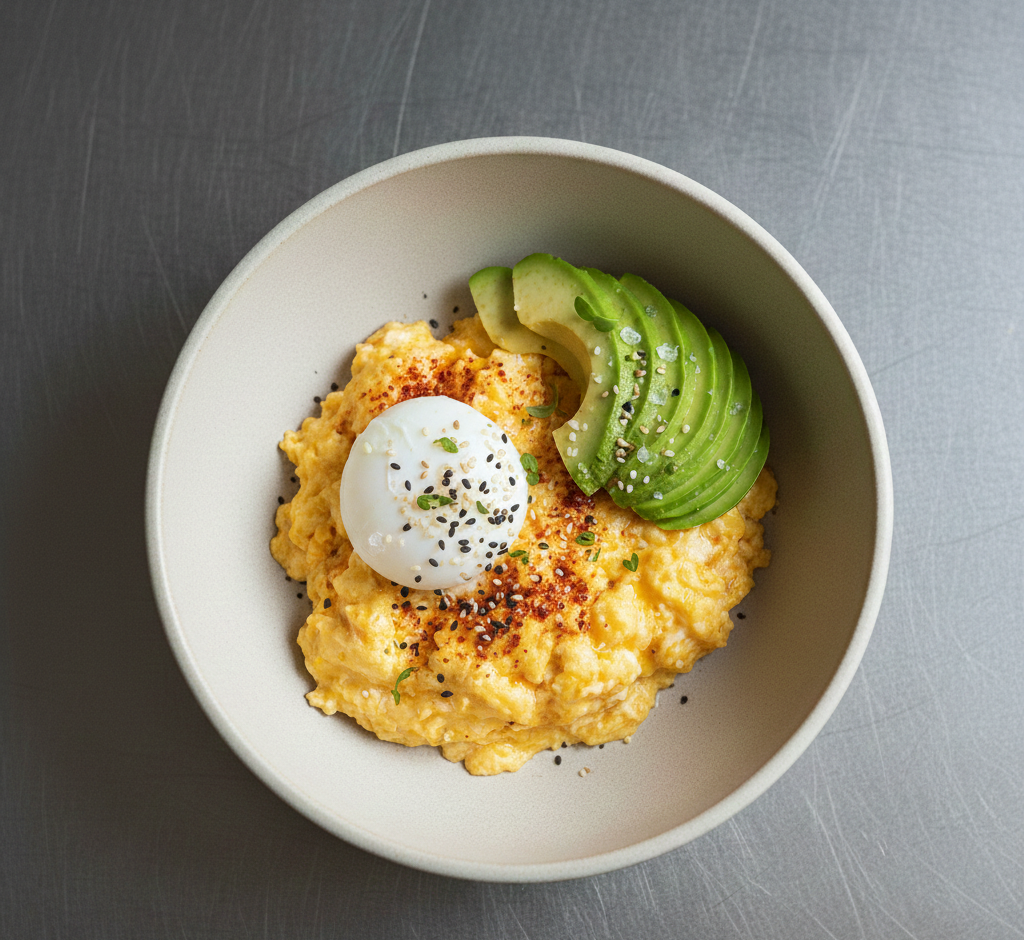 An overhead shot of creamy miso soft-scrambled eggs in a white ceramic bowl, topped with sliced avocado, toasted sesame seeds, and red chili flakes on a stainless steel kitchen surface.
