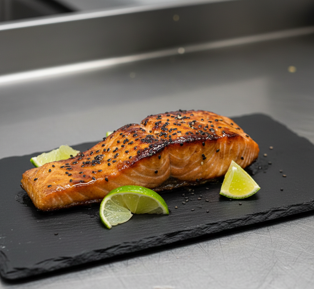 An editorial-style shot of a perfectly glazed salmon fillet. The dish features crispy charred edges, black sesame seeds, and lime, set against a stainless steel background for a clean, modern aesthetic.