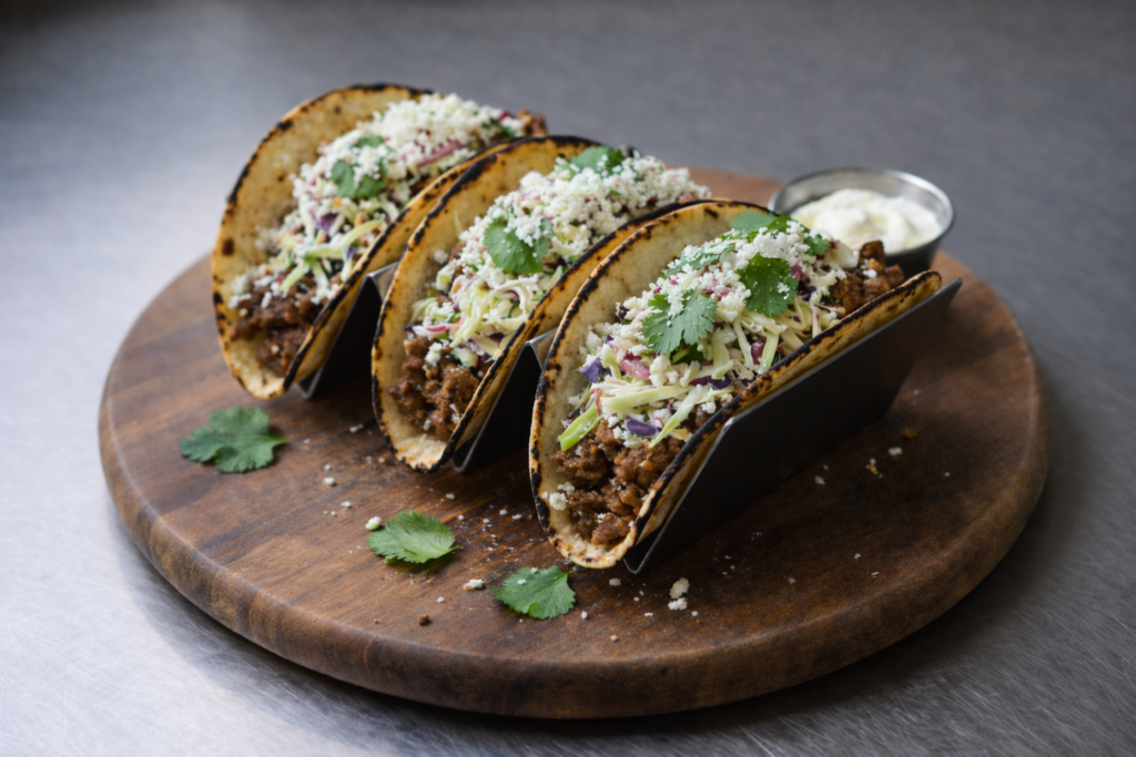 Three tacos in charred corn tortillas filled with seasoned meat, topped with creamy coleslaw, crumbled cheese, and fresh cilantro, arranged in a metal holder on a wooden board with a small ramekin of sour cream on a stainless steel countertop.