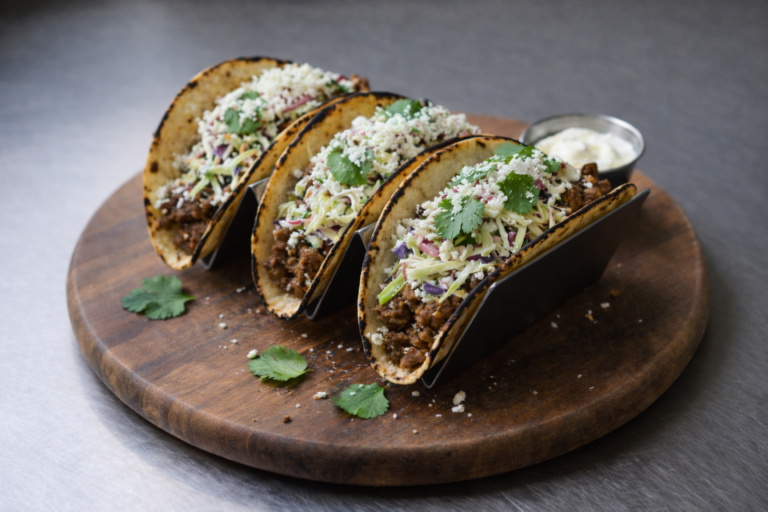 Three tacos in charred corn tortillas filled with seasoned meat, topped with creamy coleslaw, crumbled cheese, and fresh cilantro, arranged in a metal holder on a wooden board with a small ramekin of sour cream on a stainless steel countertop.