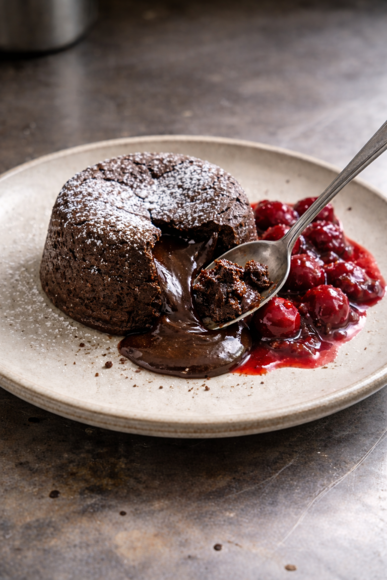 A dark chocolate lava cake on a ceramic plate with a molten center flowing out, dusted with powdered sugar and served with red cherry compote and a silver spoon.