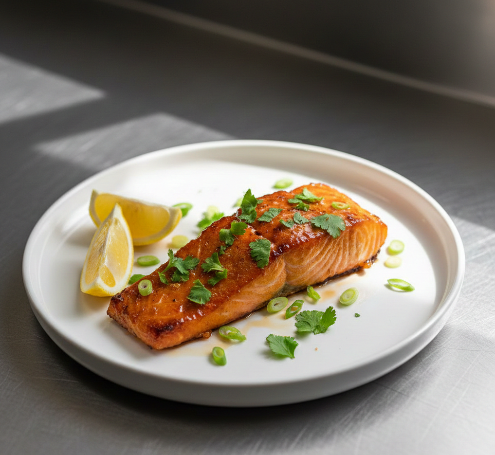A high-angle professional shot of a glazed salmon fillet on a white minimalist plate, garnished with cilantro and spring onions, served with lemon wedges on a stainless steel kitchen counter