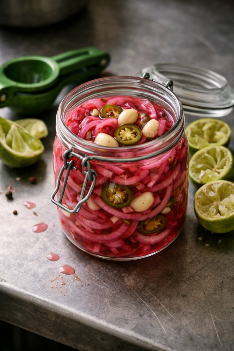 Open glass jar of pink pickled onions with jalapeños and garlic, surrounded by squeezed limes and a lime squeezer on a stainless steel kitchen worktop.