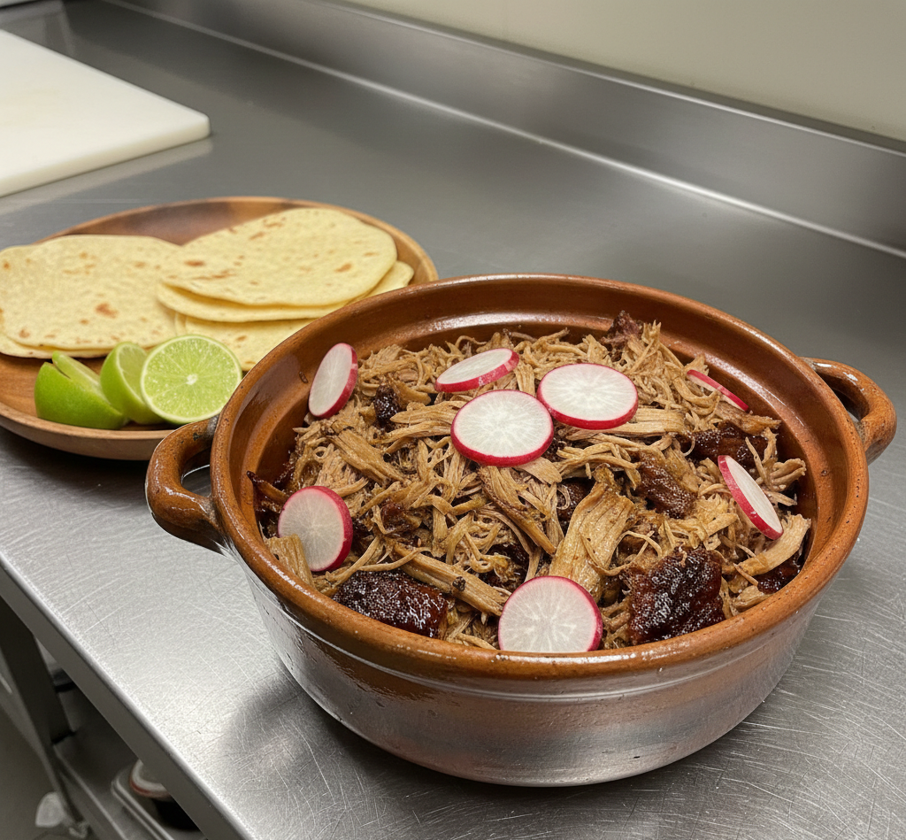 overhead shot of succulent shredded pork in a dark reduction served in a heavy stoneware pot, accompanied by rustic sliced radishes, lime wedges, and a stack of corn tortillas on a wooden plate.