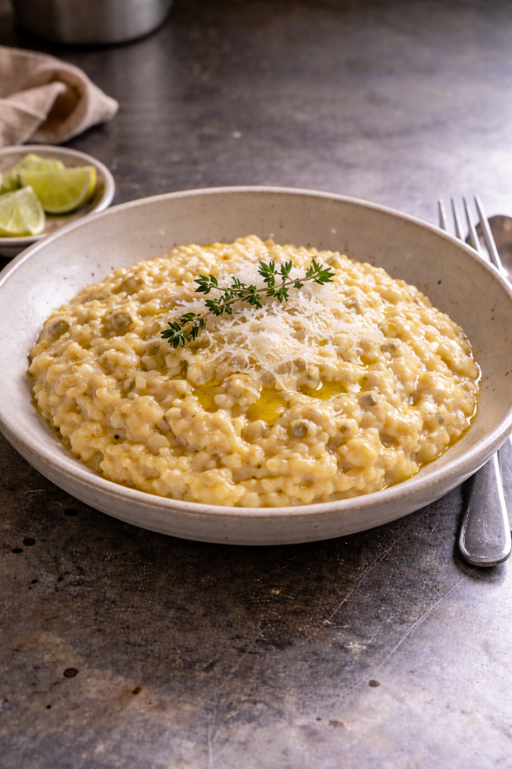 A bowl of creamy yellow risotto topped with grated parmesan cheese and a fresh sprig of thyme, served on a rustic ceramic plate next to lime wedges.