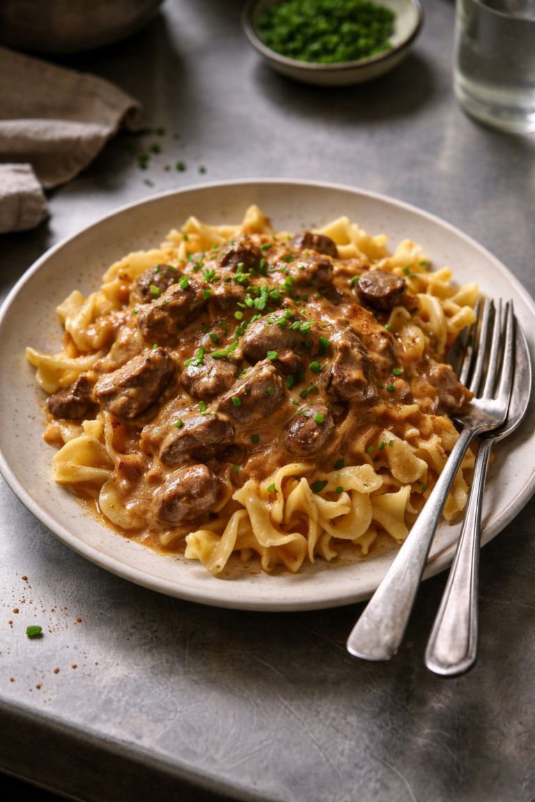 Creamy beef stroganoff with a smoky-orange hue spooned over golden buttered egg noodles, garnished with fresh chives and smoked paprika on a stainless steel kitchen worktop.
