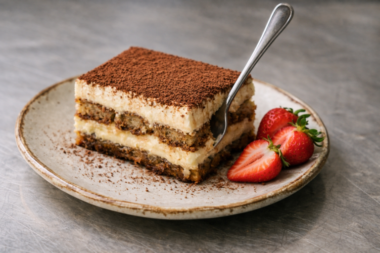 A slice of tiramisu on a rustic plate with a spoon inserted, garnished with fresh strawberries, resting on a stainless steel countertop