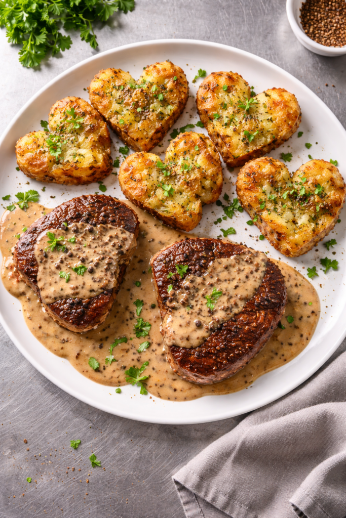 Overhead view of filet mignon au poivre with creamy peppercorn sauce and rustic heart-shaped smashed potatoes garnished with parsley on a stainless steel countertop.