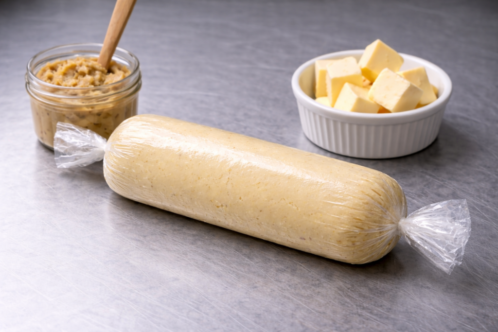 Miso butter rolled into a plastic-wrapped log with a jar of miso paste and a bowl of butter cubes on a stainless steel countertop
