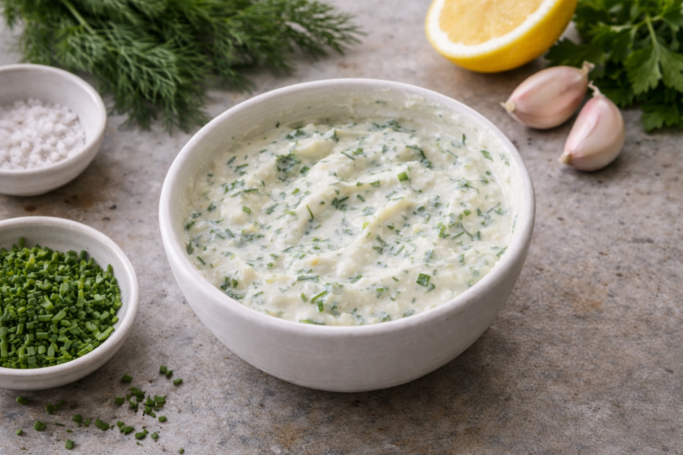 Small white bowl of creamy herb dressing surrounded by fresh dill, chives, garlic, lemon, and salt on a kitchen surface