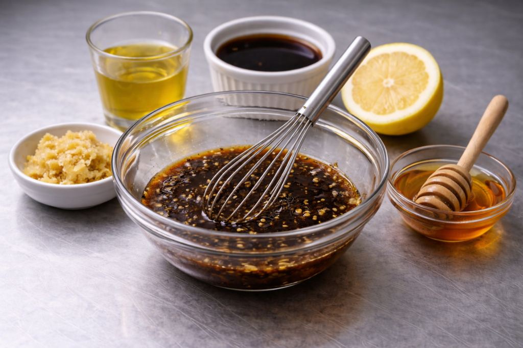 Glass bowl of soy-based marinade with a whisk, surrounded by soy sauce, oil, lemon, honey, and grated ginger on a stainless steel countertop.