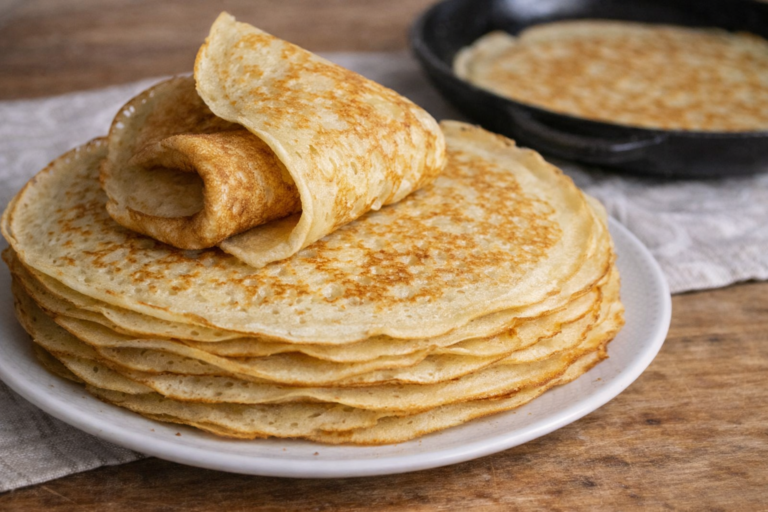 Stack of thin golden blini crepes with one rolled on top, served on a white plate in a home kitchen
