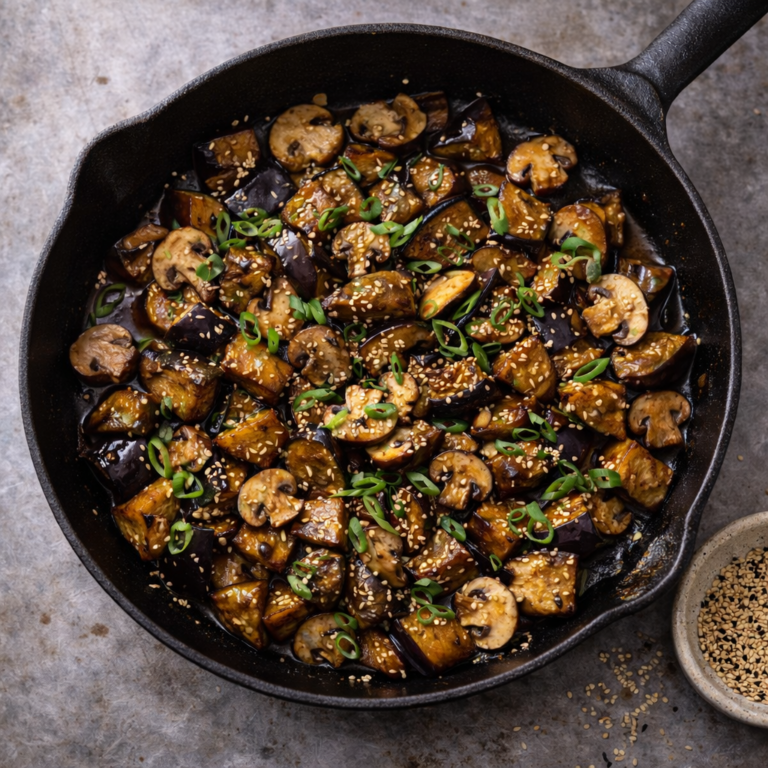 Pan-roasted eggplant and mushrooms in miso butter in a cast iron skillet with sesame seeds on a stainless steel countertop