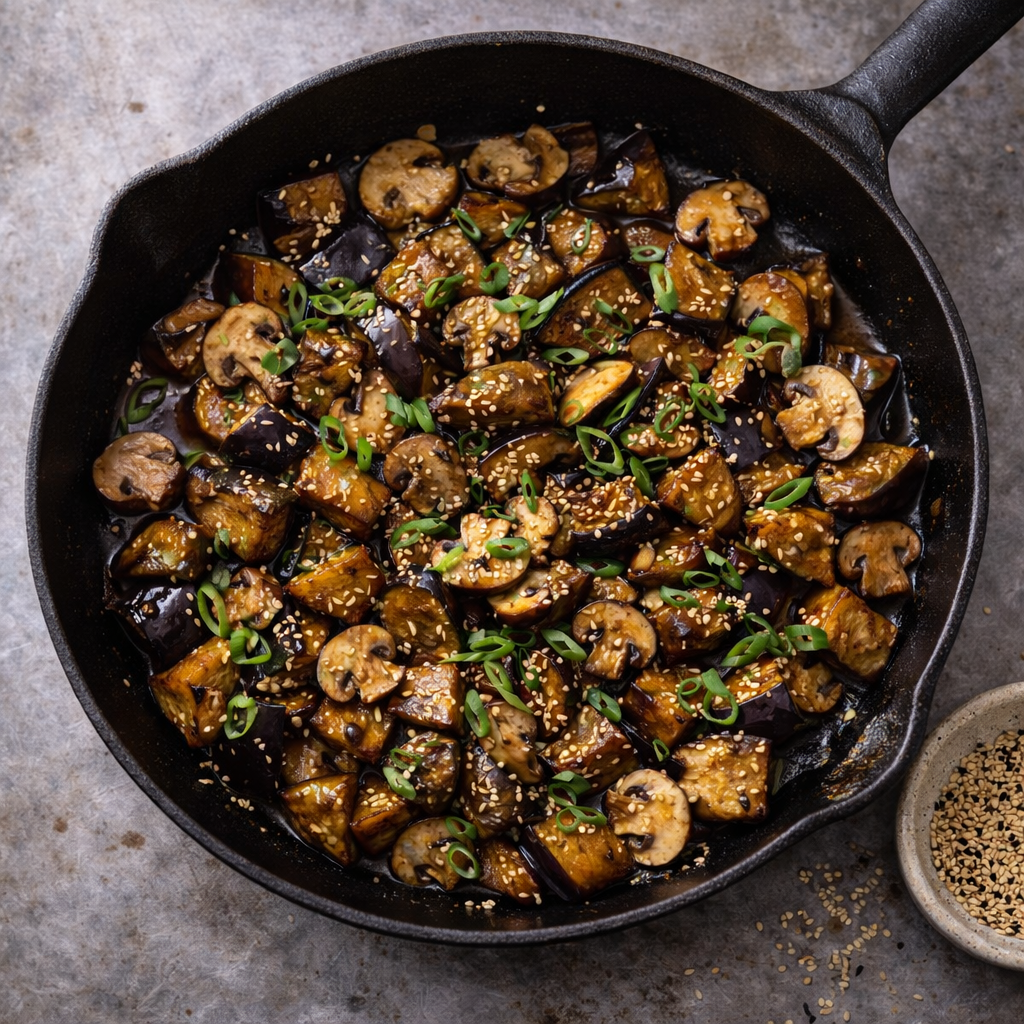 Pan-roasted eggplant and mushrooms in miso butter in a cast iron skillet with sesame seeds on a stainless steel countertop