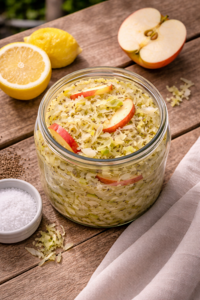 Overhead photo of a jar of lemon apple sauerkraut with pale green cabbage and thin apple slices on a rustic outdoor wooden table.