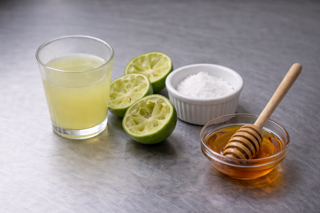 Glass of fresh lime juice with squeezed lime halves, a ramekin of kosher salt, and a small bowl of honey with a wooden dipper on a stainless steel countertop.