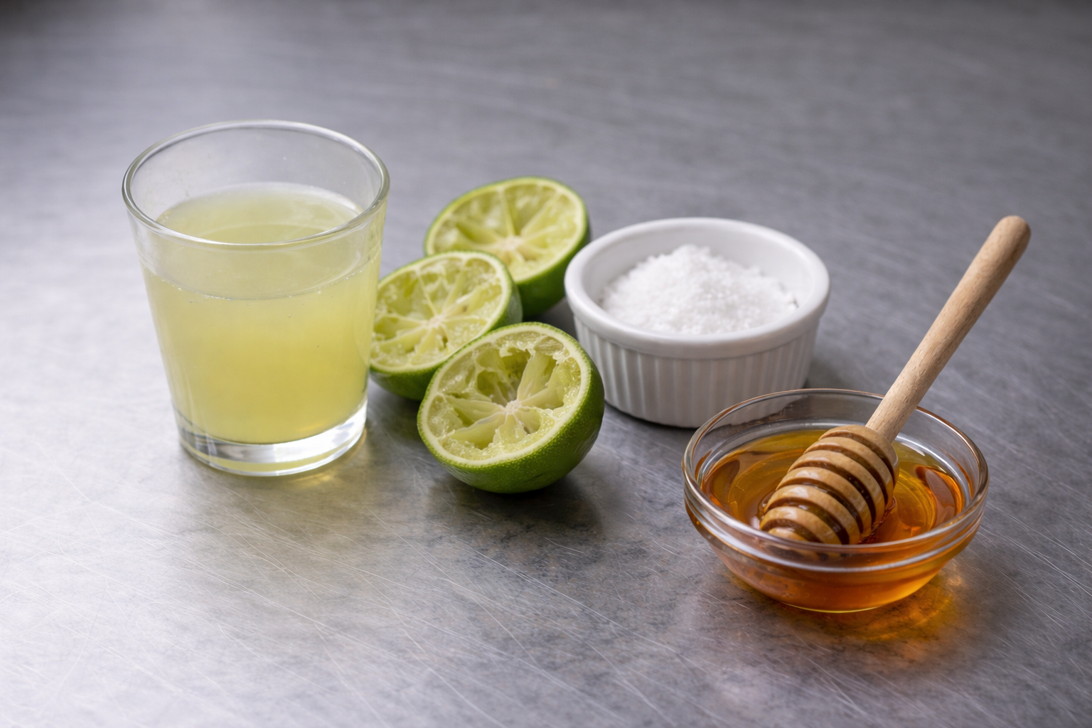 Glass of fresh lime juice with squeezed lime halves, a ramekin of kosher salt, and a small bowl of honey with a wooden dipper on a stainless steel countertop.