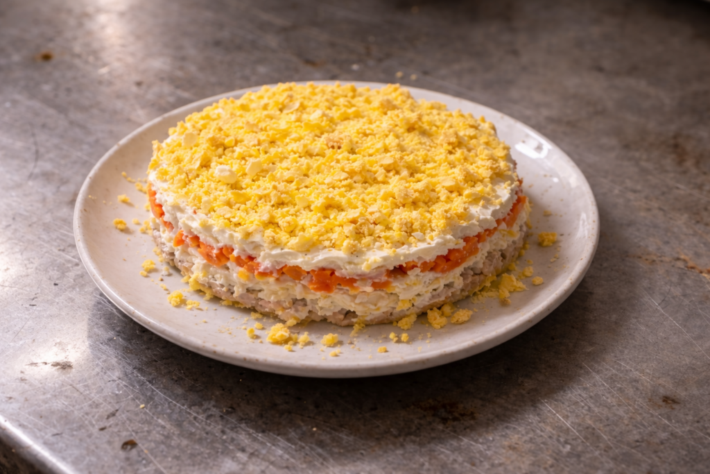 Traditional Mimosa salad layered with tuna, eggs, carrots, and mayonnaise on a white plate on a stainless steel countertop