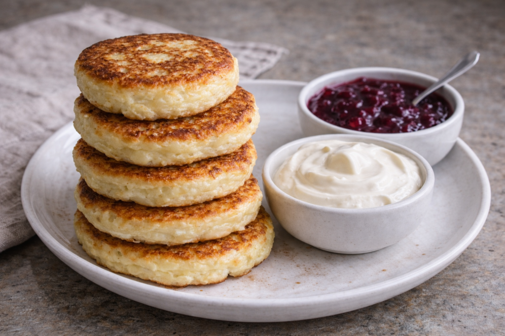 Stack of cottage cheese fritters on a plate with sour cream and berry jam on the side on a stainless steel countertop