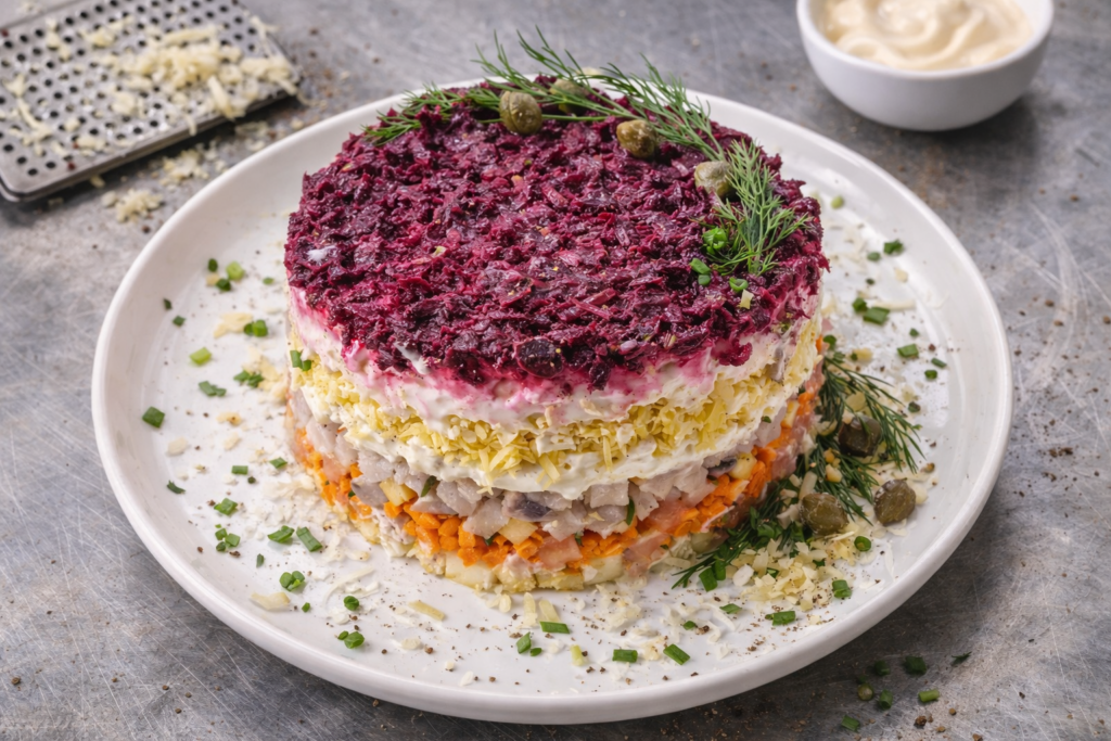 Overhead view of Russian dressed herring salad layered with beets, potatoes, carrots, egg, and mayonnaise on a white plate over a stainless steel countertop.