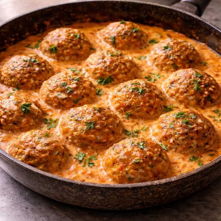 Homemade tefteli meatballs simmering in tomato sour cream sauce in a skillet on a stainless steel countertop