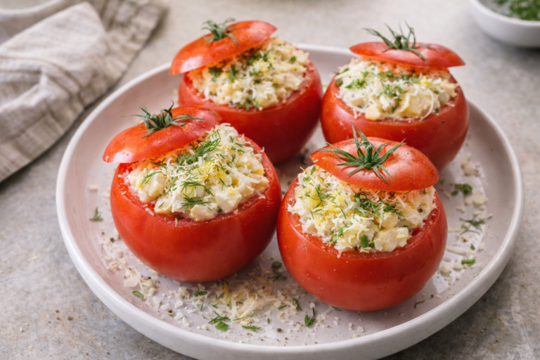 Four hollowed tomatoes filled with a creamy fish salad and cheese mixture, topped with tomato lids and fresh herbs on a white plate