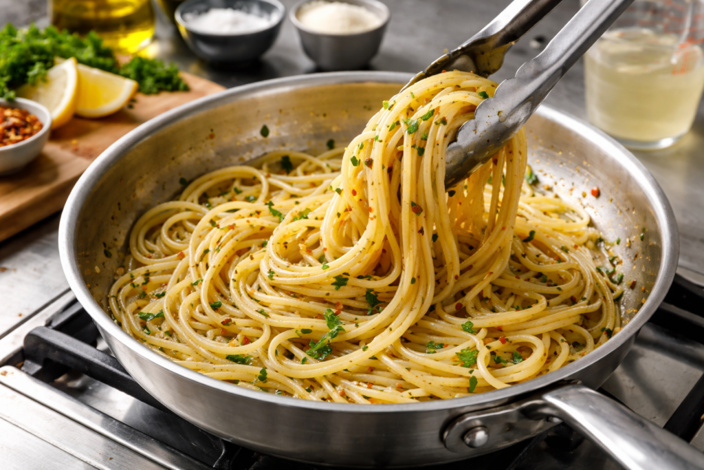 Pasta in the pan with a glossy finish