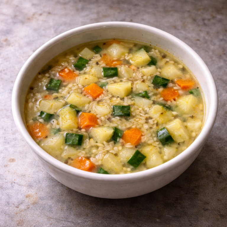 Homemade zucchini, potato, and rice soup in a white bowl with clear golden broth on a stainless steel countertop