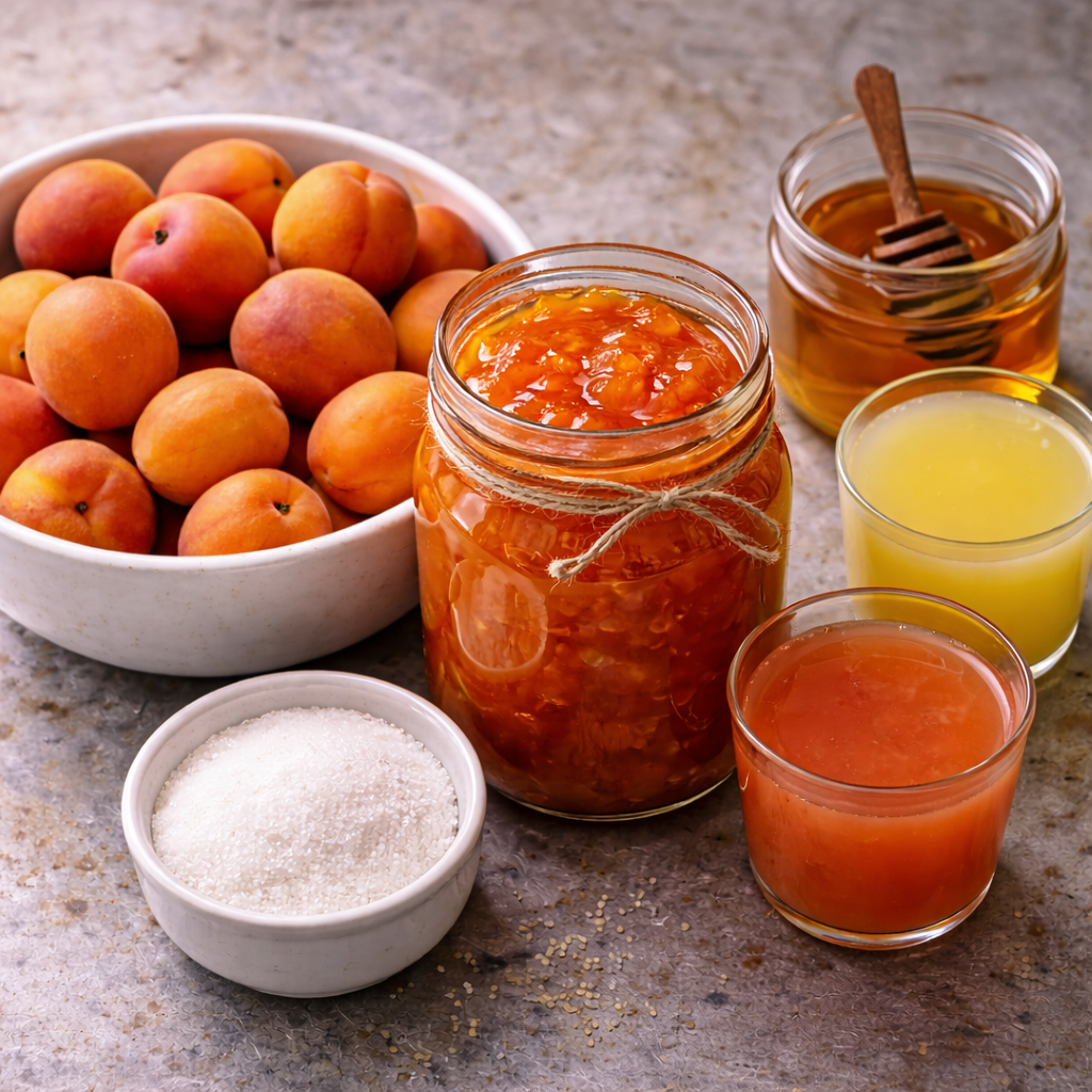 Jar of homemade apricot jam with fresh apricots, sugar, honey, and lemon juice on a marble countertop