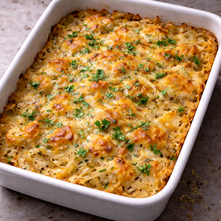 Homemade baked cabbage casserole with melted golden cheese in a ceramic baking dish on a stainless steel countertop