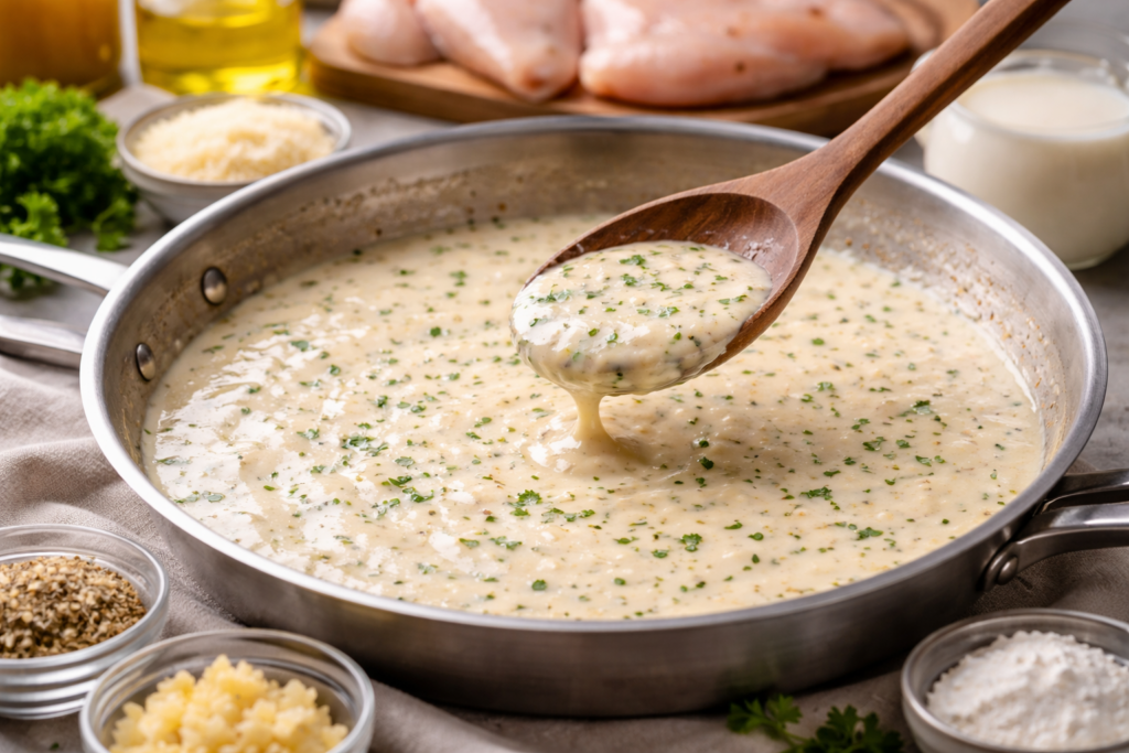 Creamy skillet sauce being lifted with a wooden spoon from a stainless steel pan, with garlic, herbs, Parmesan, and chicken nearby.