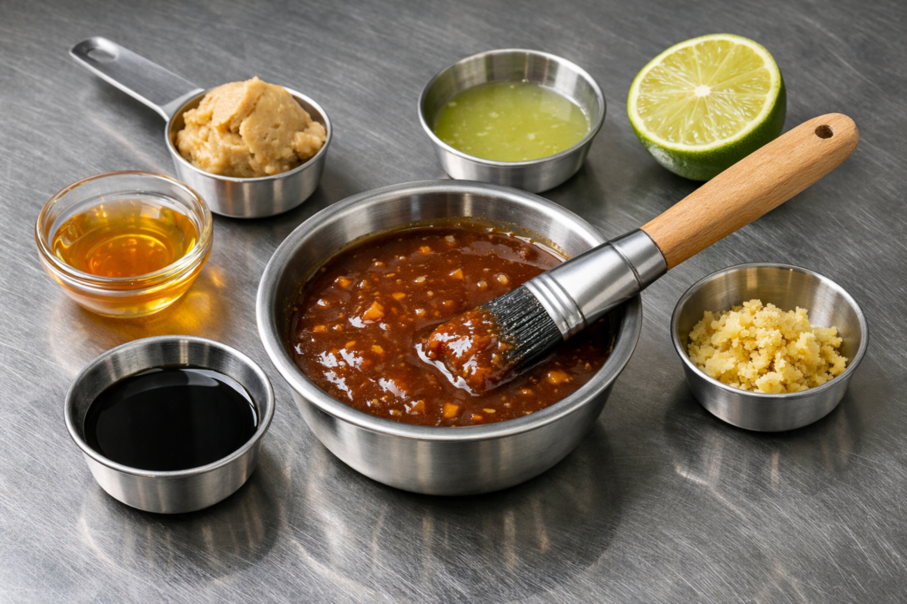 Small bowl of glossy savory glaze with miso, honey, soy sauce, lime juice, and grated ginger arranged on a stainless steel countertop.