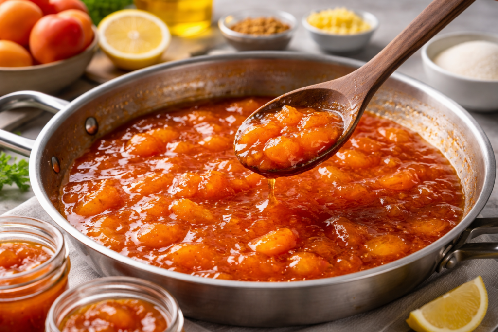 Apricot jam bubbling in a stainless steel pan with a wooden spoon, surrounded by fresh apricots, lemon, sugar, and filled jam jars.
